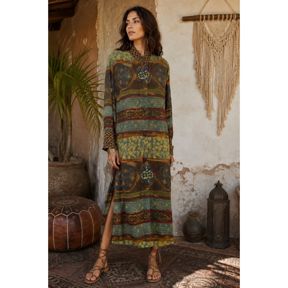 90's Vintage Carole Little Shirt Dress Women 6 Brown Boho MIxed Media Longline